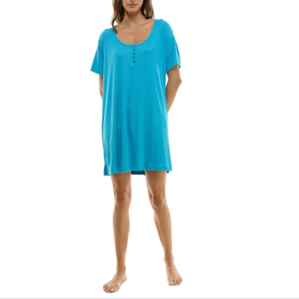 Roudelain Womens Size XS Short Sleeve Ribbed Henley Sleep Shirt Maui Blue 1991
